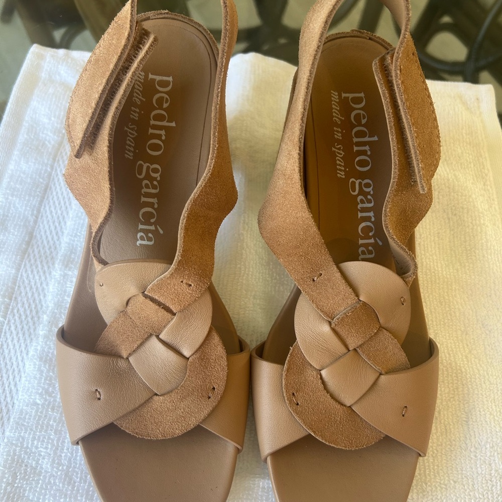 Pedro Garcia Tan Woven Leather & Suede Slingback Sandals